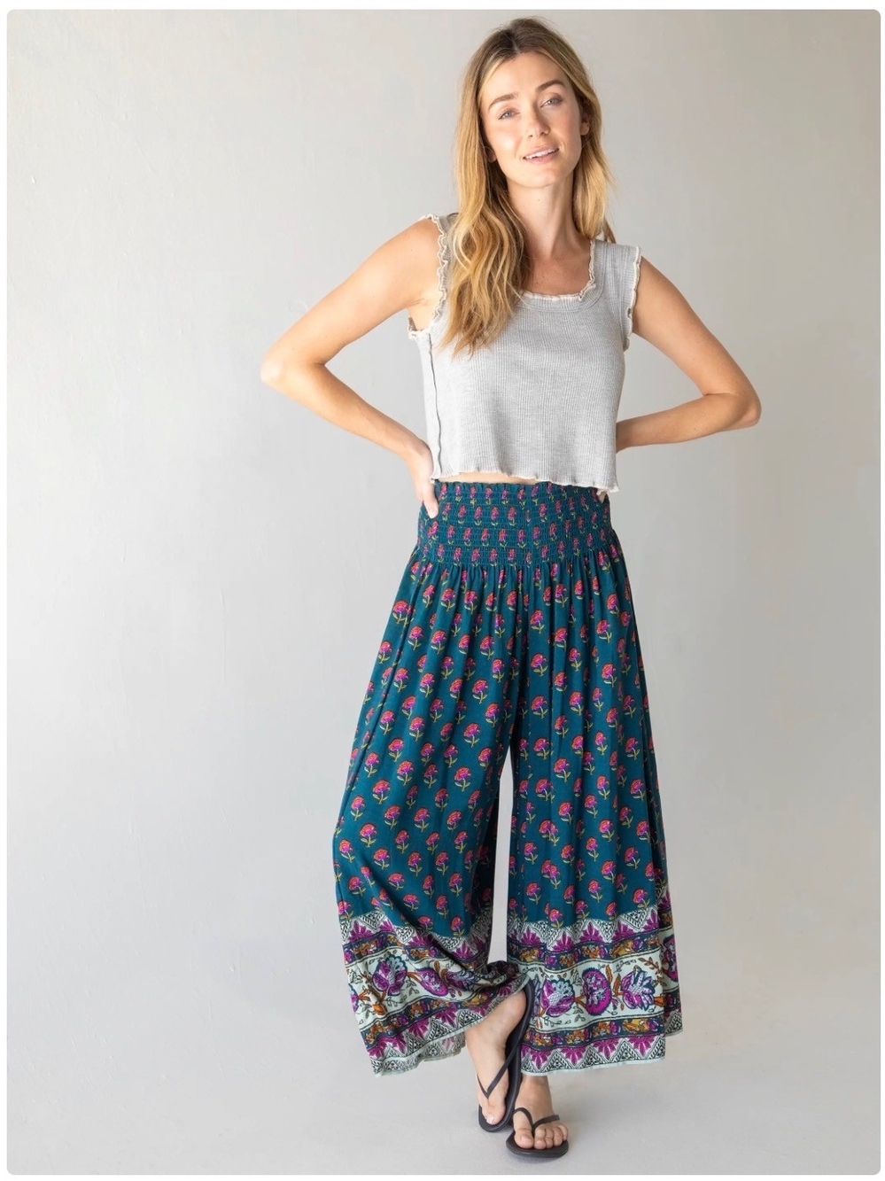 NATURAL LIFE Teal Floral Wide-Leg Smocked Waist Pants